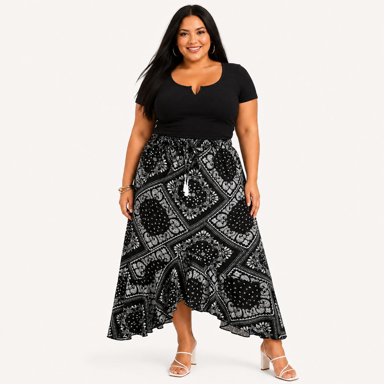 Plus Size Geometric Pattern Print Drawstring Loose Fit Skirt