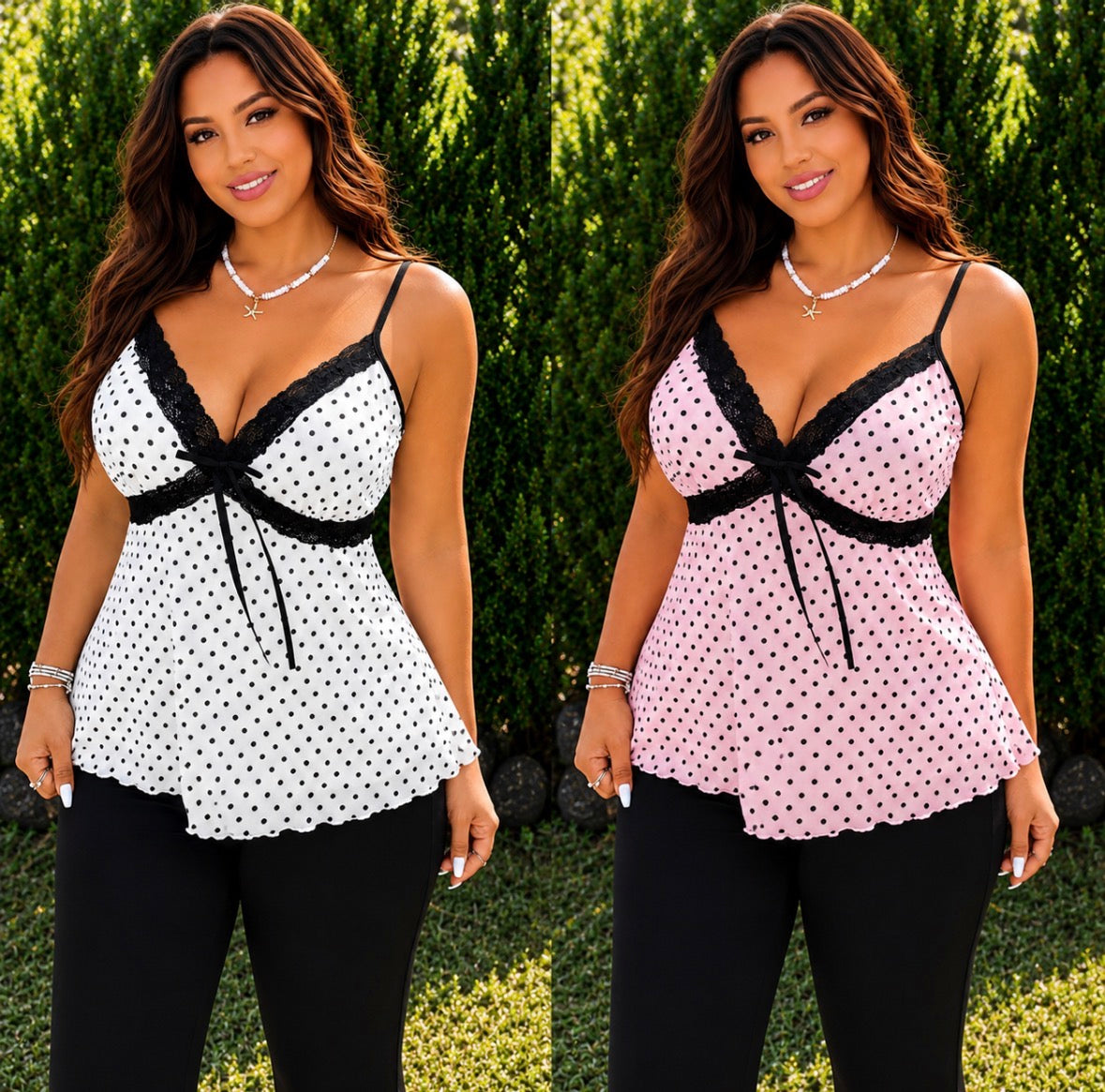 Plus Size Polka Dot Camisole Top with Lace Trim