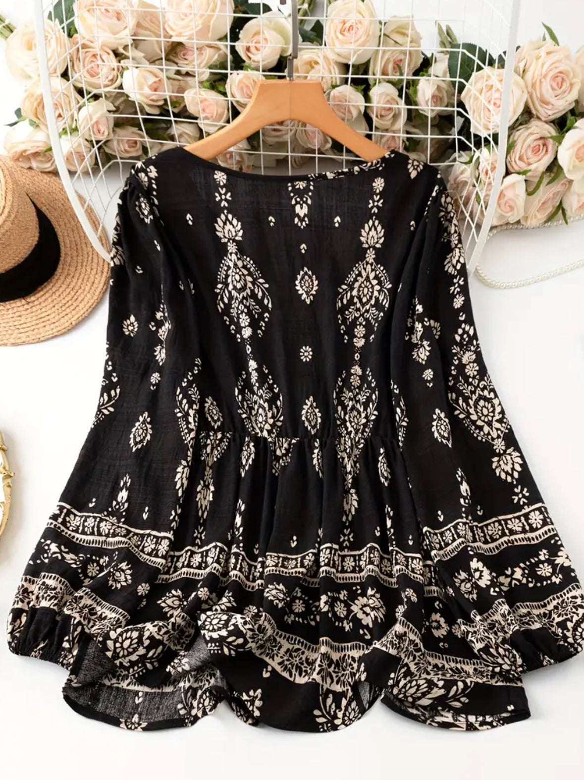 Plus Size V-Neck Blouse with Cross Strap Detail