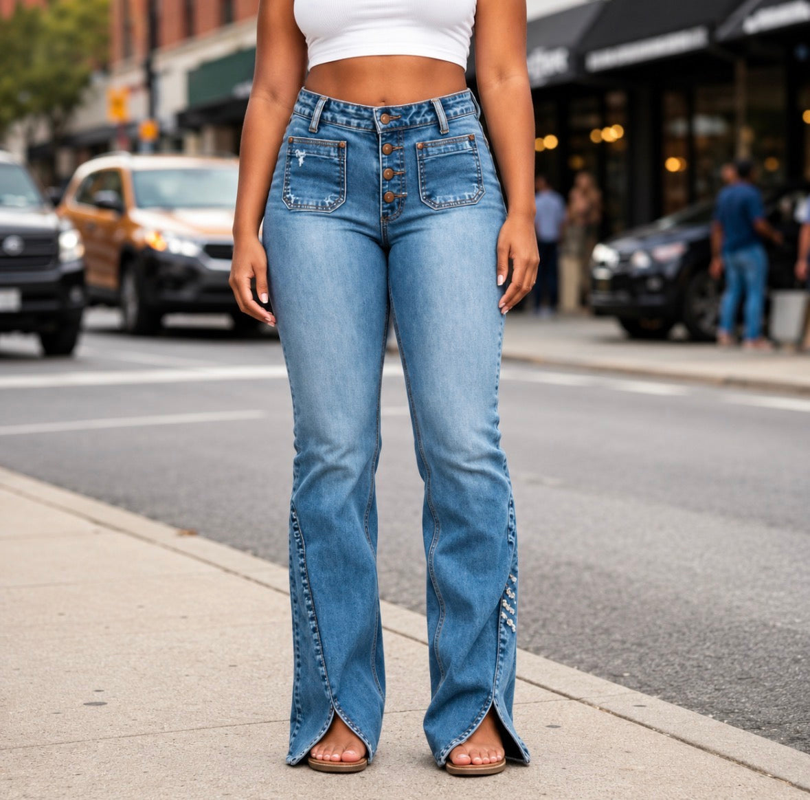 Plus Size Vintage Boho Flared Jeans with Floral Embroidery