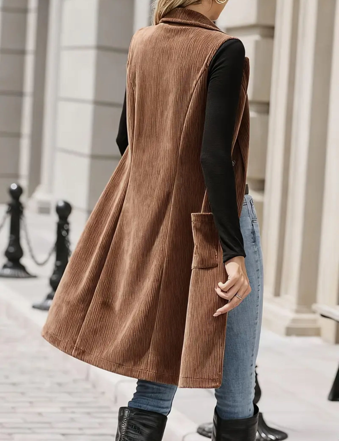 Long Corduroy Vest with Pockets