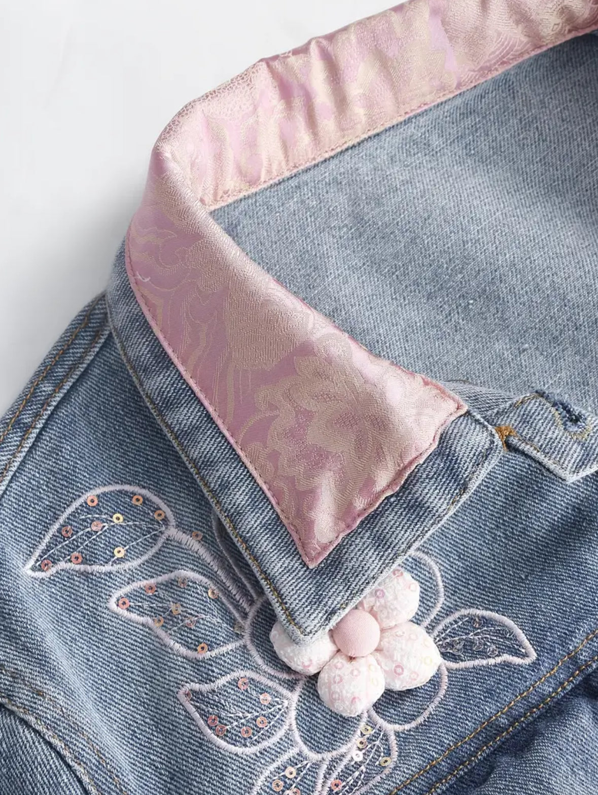 Jean Jacket with Embroidered Pink Trim