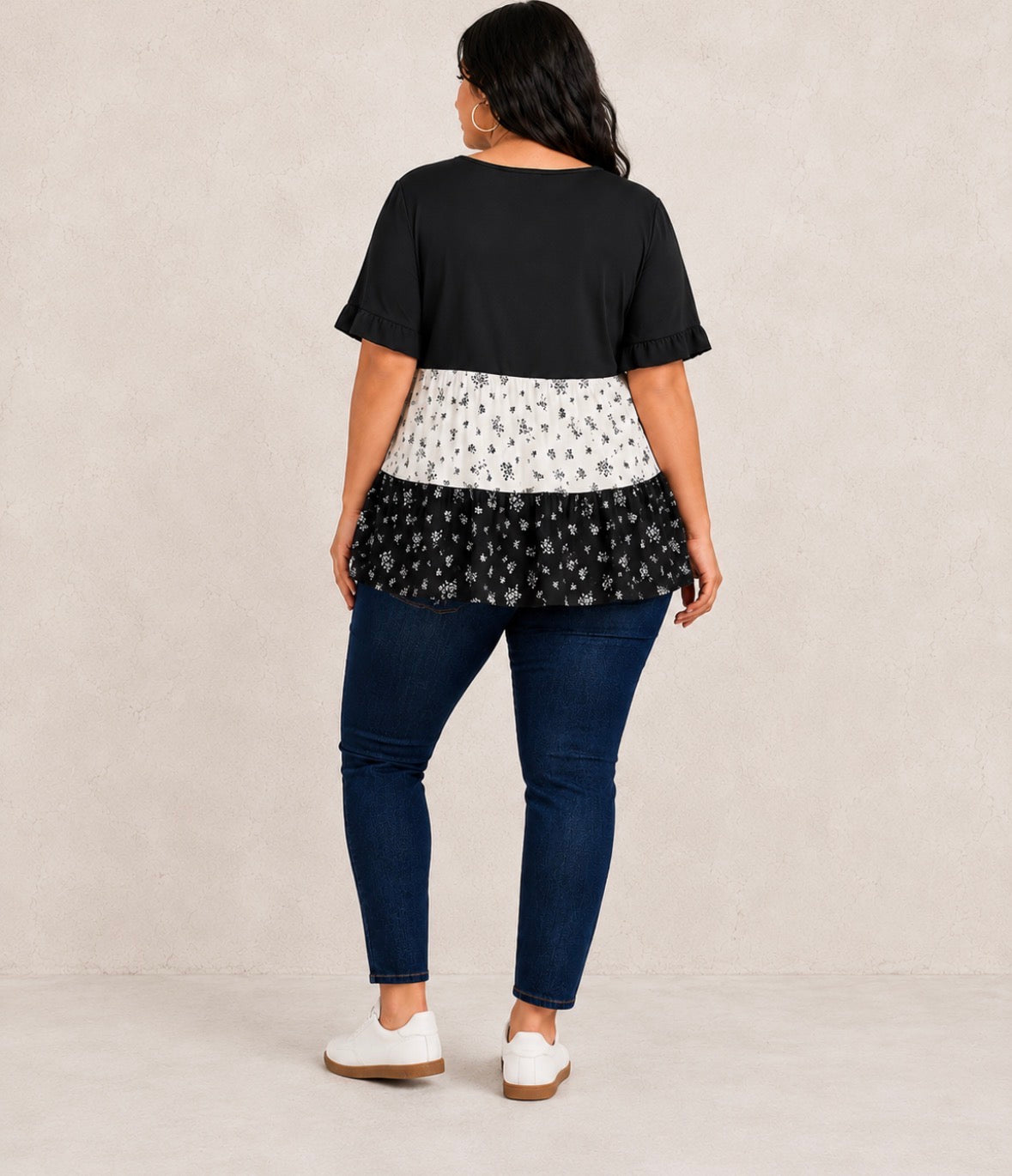 Plus Size Loose Short Sleeve Shirt with Ruffle Hem and Floral Print