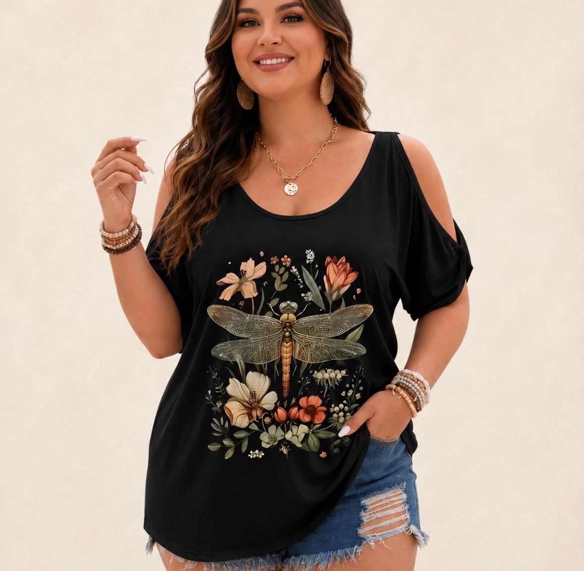 Retro Cold Shoulder Floral Dragonfly Top
