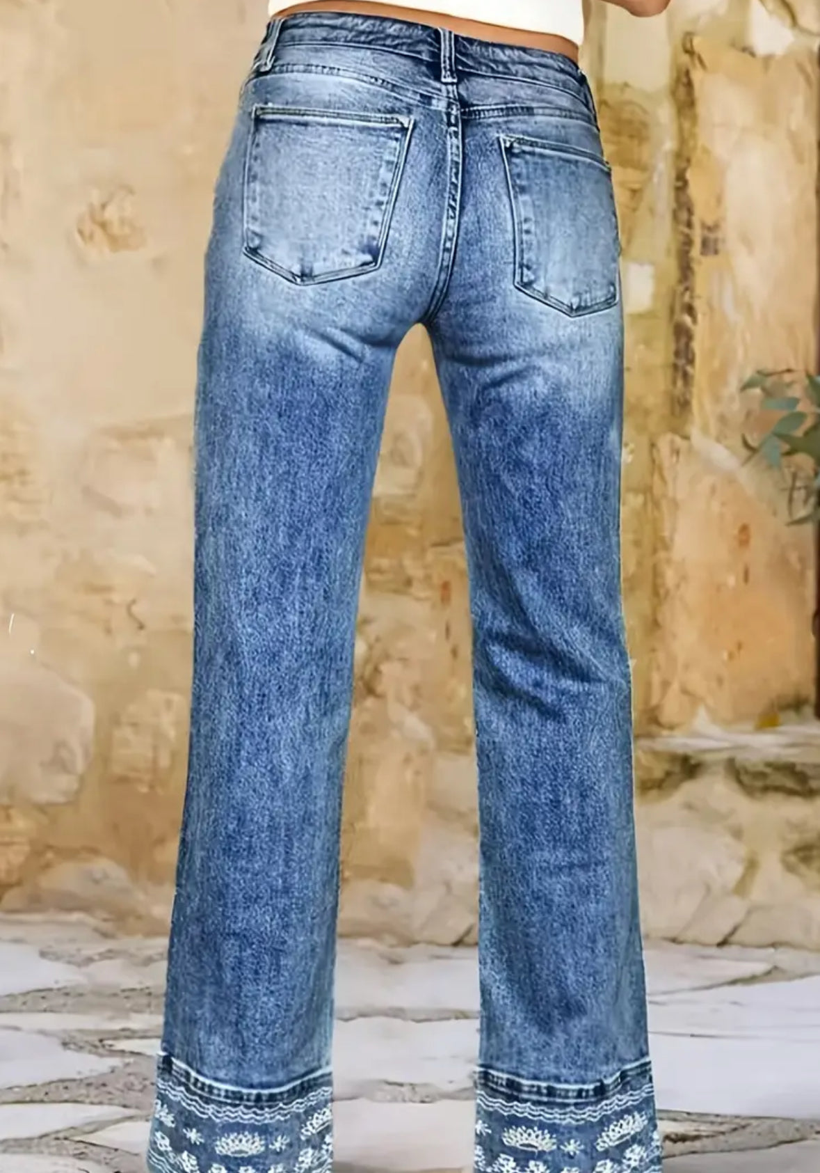 High Waisted Embroidered Hem Jeans