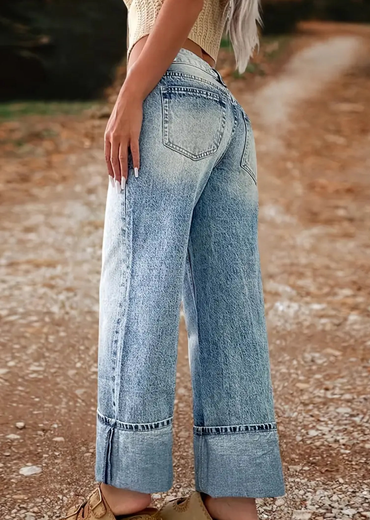 Long Cuffed Straight Leg Jeans