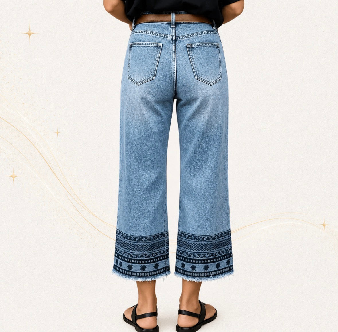 Plus Size Stone Washed Denim Jeans with Ethnic Style Embroidery