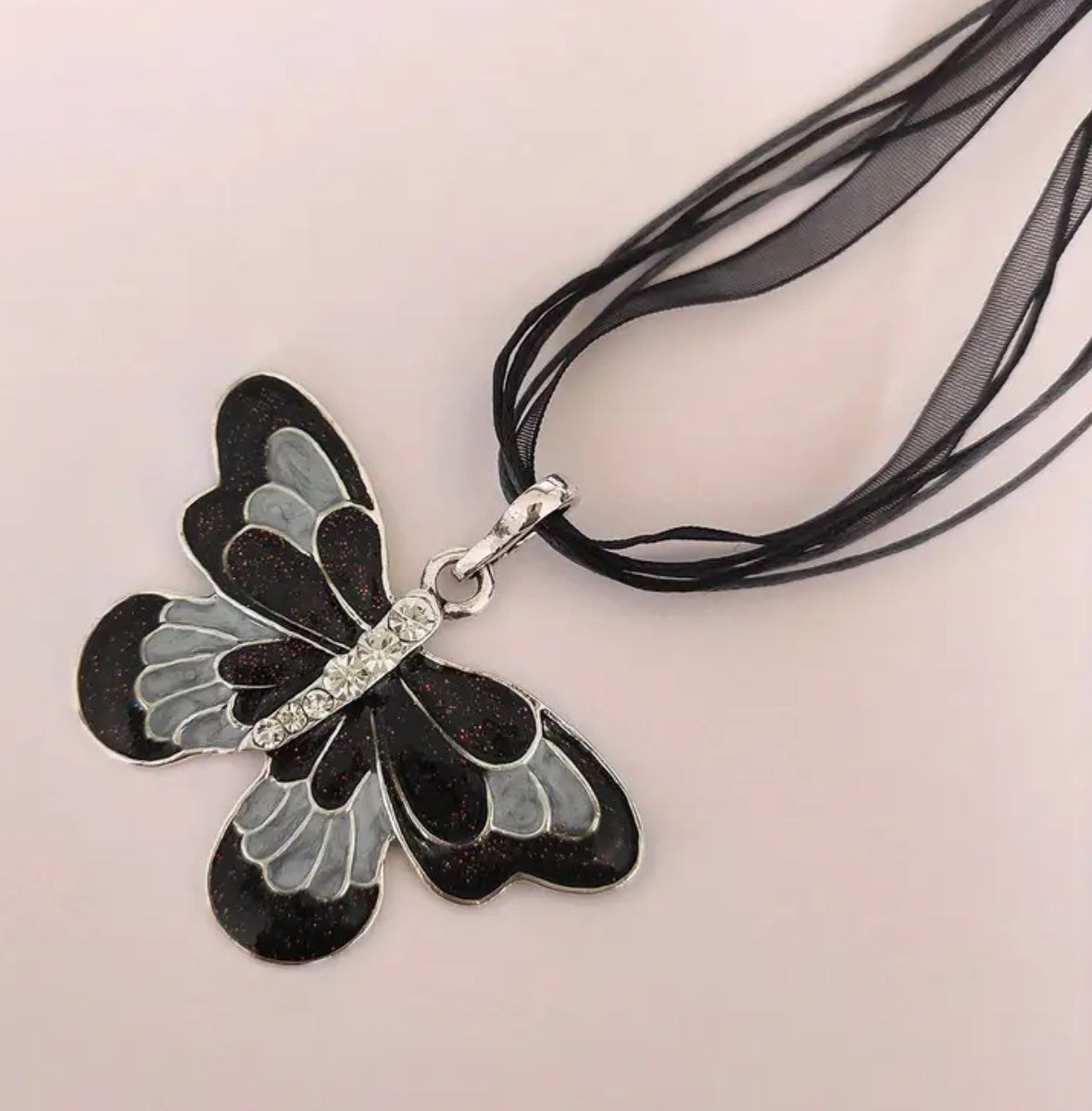 Butterfly Inlaid with Cubic Zirconia Ribbon Necklace