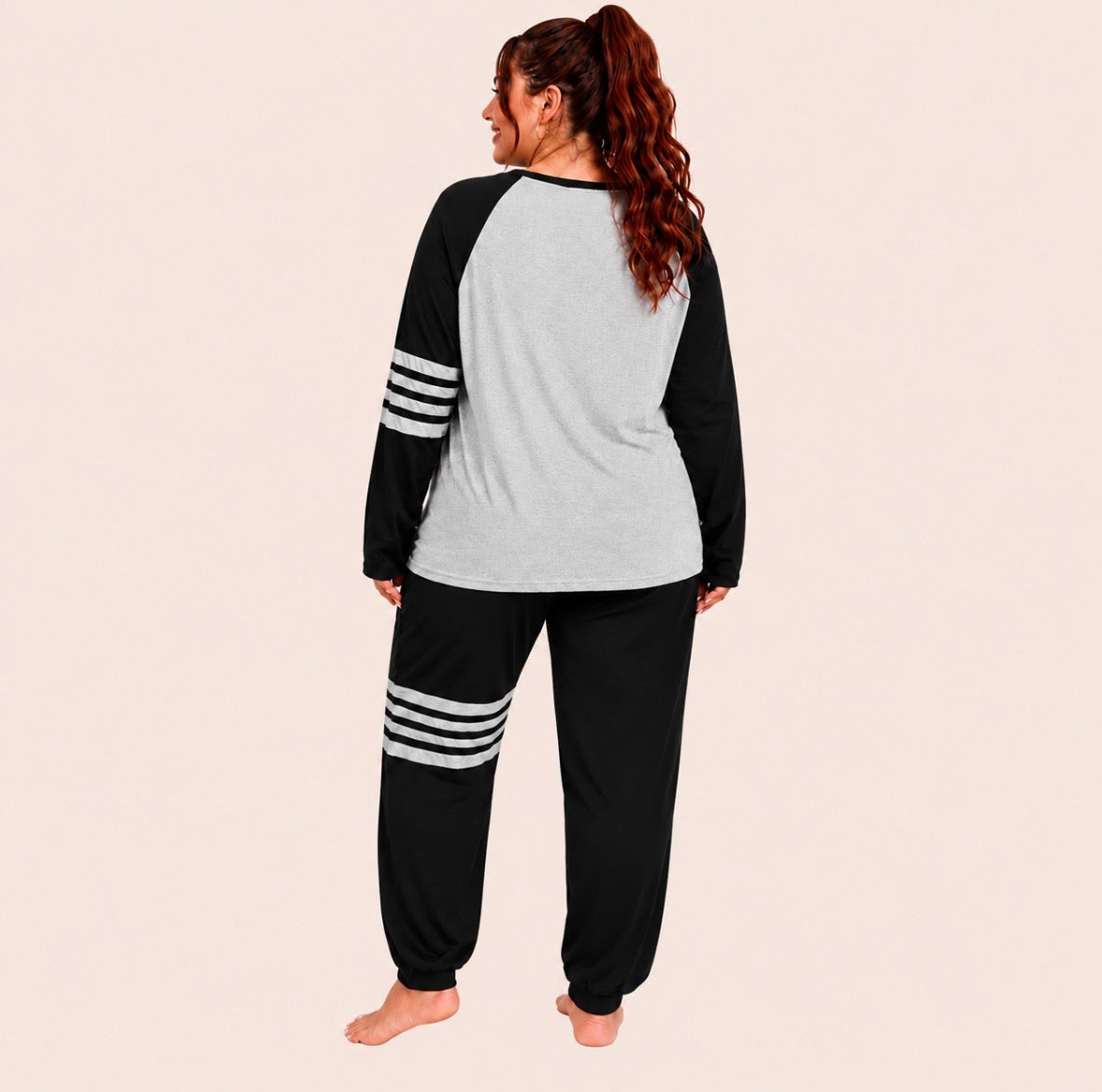 Plus Size Two-Piece Color-block Long Sleeve Loungewear Set