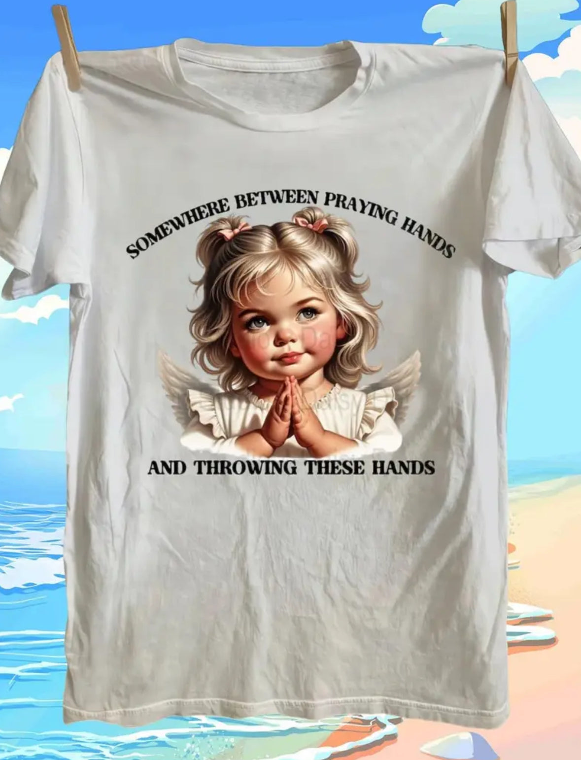 Short Sleeve Graphic T-shirt “Somewhere Between Praying Hands and Throwing Hands”