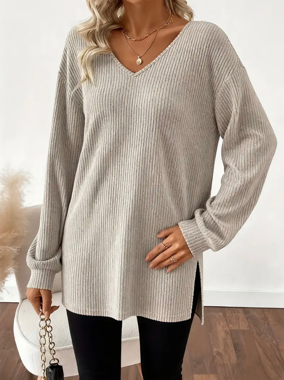 Long Ribbed Sweater with Back Bow