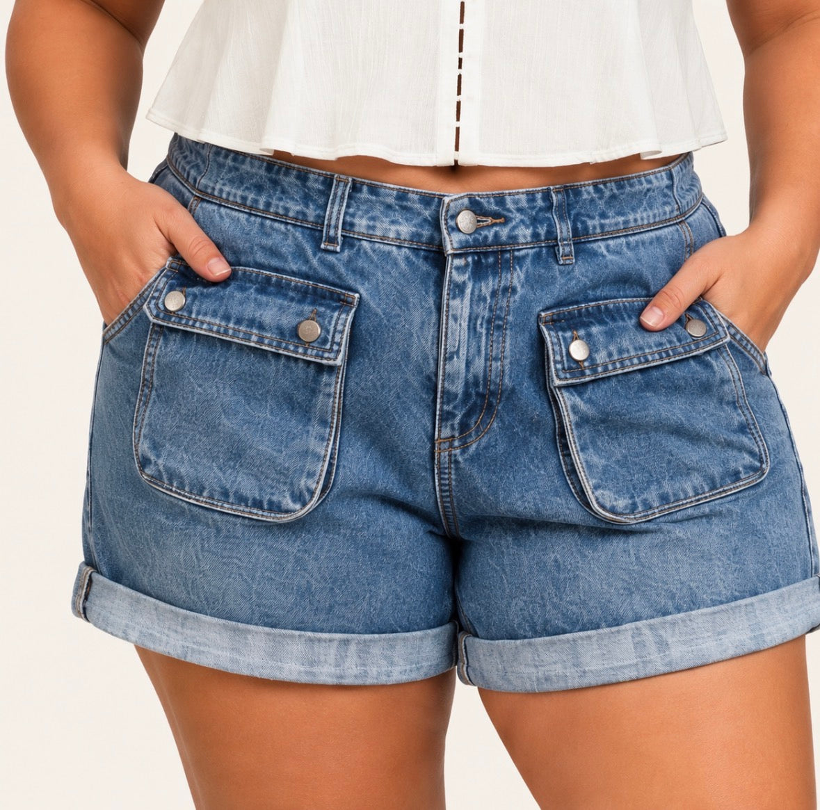 Plus Size Denim High-Waisted Rolled Hem Shorts