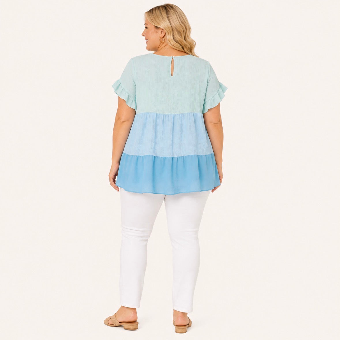 Plus Size Color Block Ruffle Trim Shirt
