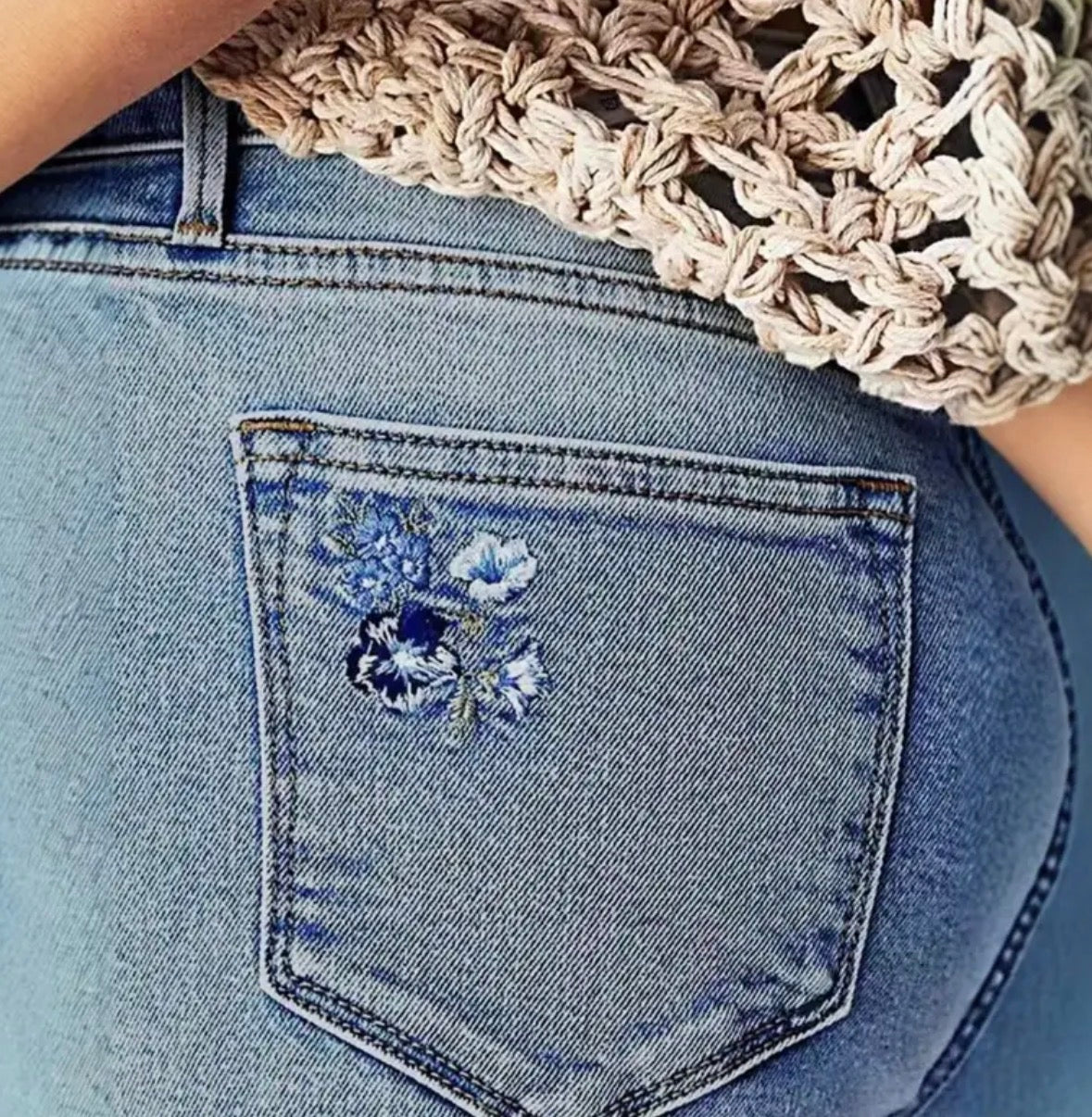 Bermuda Length Denim Shorts with Floral Cuffed Design