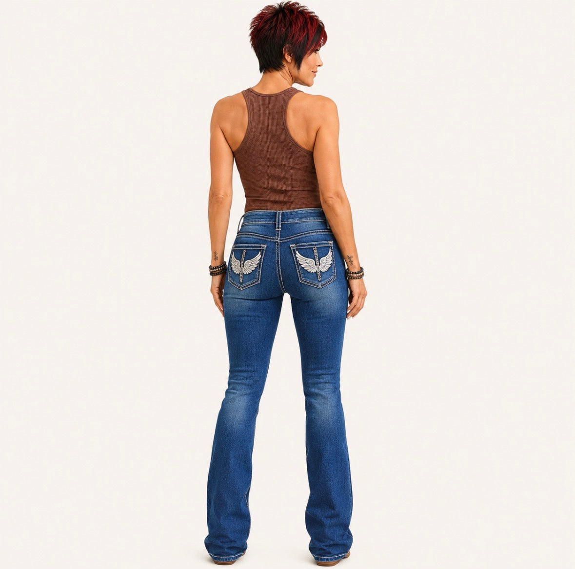 High-Waisted Bootcut Bell-Bottom Jeans with Wing & Geometric Embroidery Back Pockets