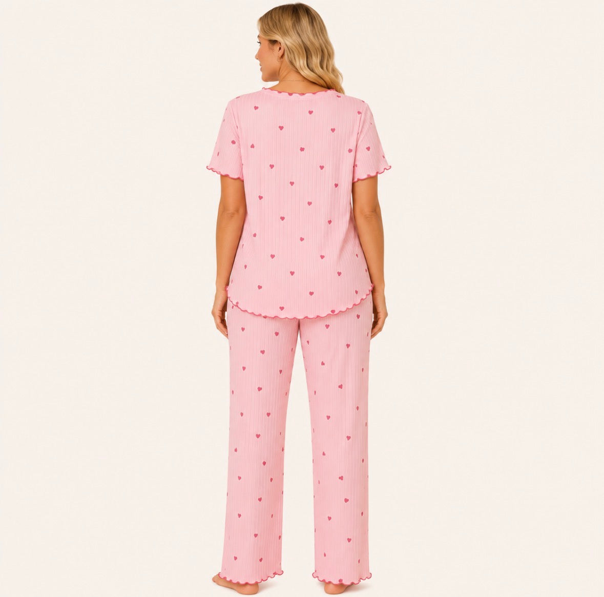 Heart Print Short Sleeve and Long Pants Pajama Set with Ruffle Detail
