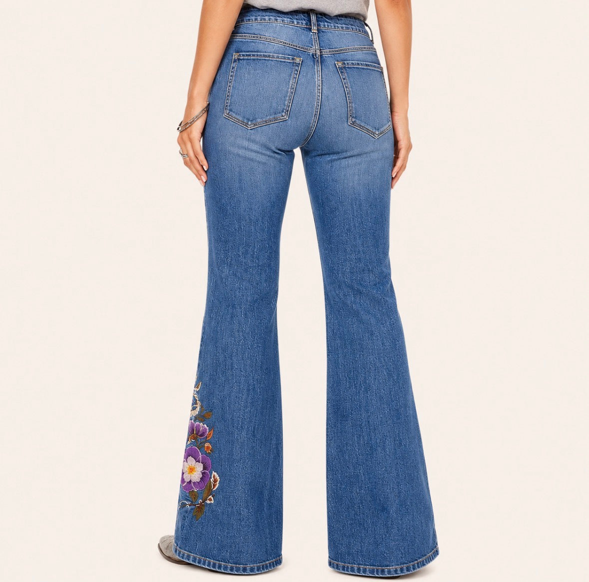 Bell-Bottom Jeans with Navy Blue Floral Embroidery
