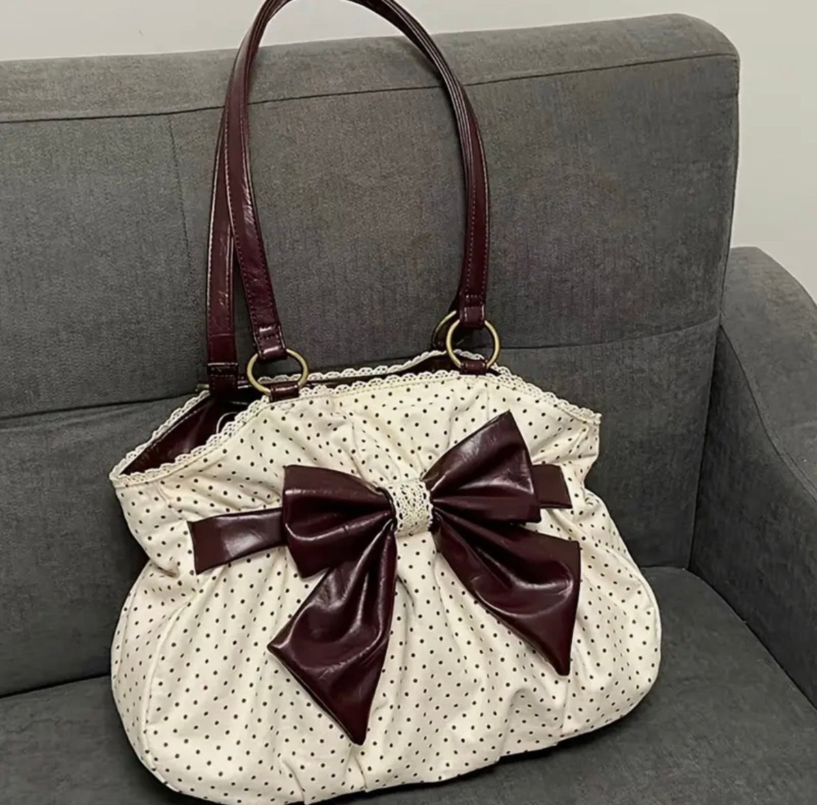 Vintage Bow and Polka Dot Handbag with Lace Trim