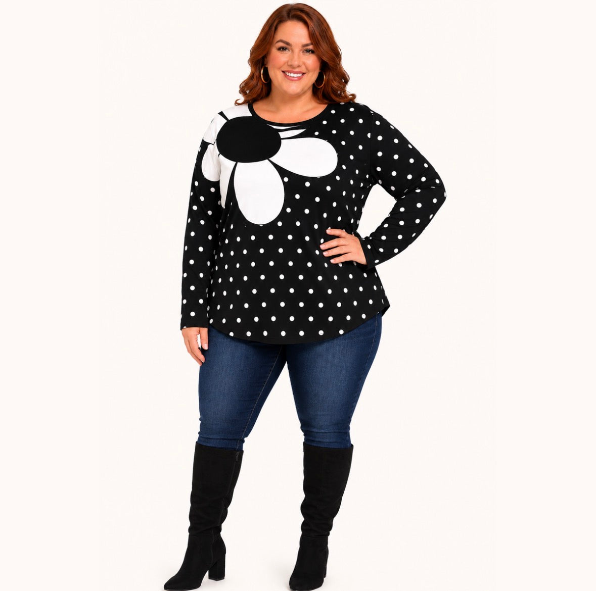 Plus Size Long Sleeve Floral And Polka Dot Print Round Neck Top