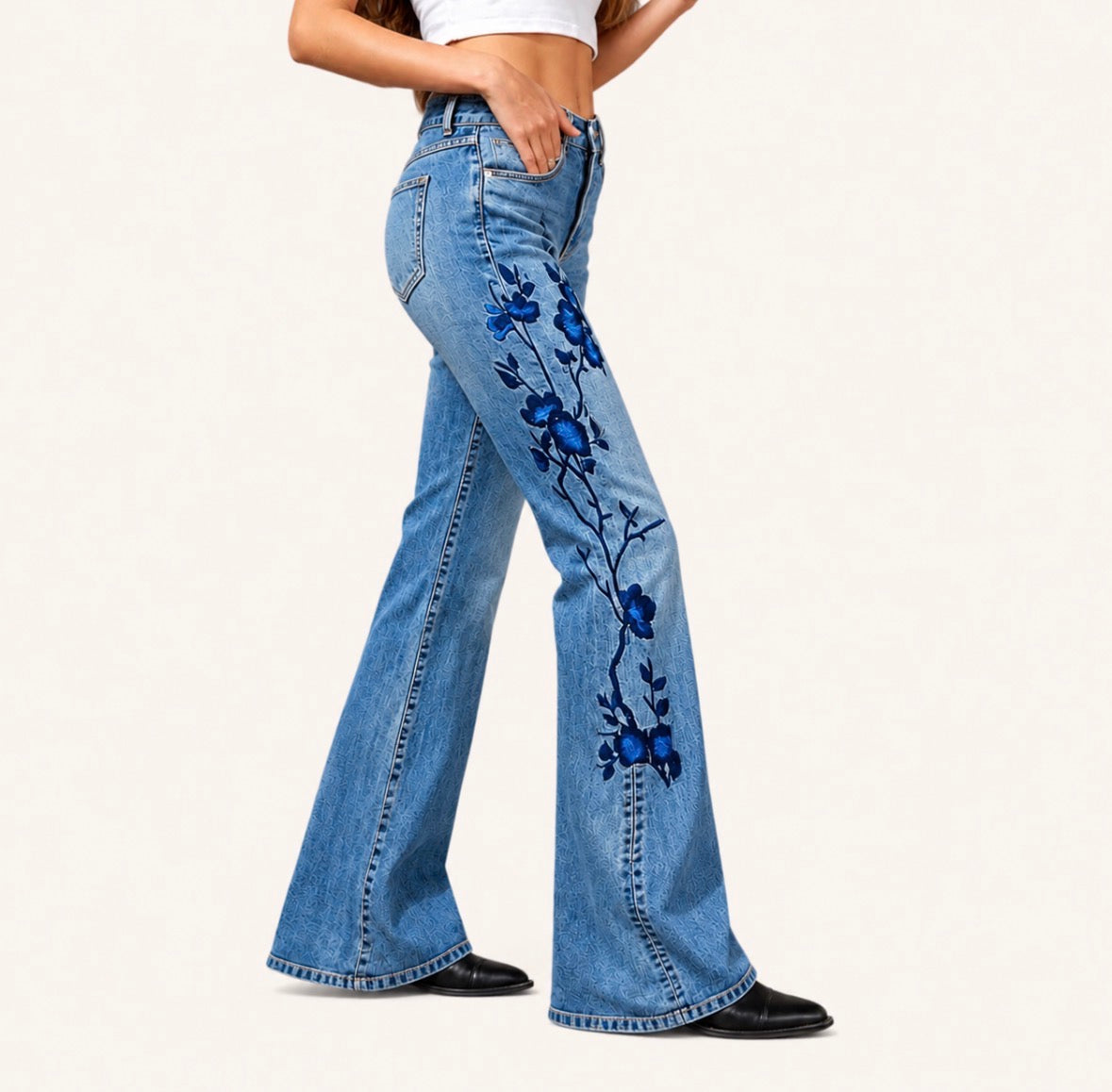 High Waist Vintage Bootcut Flare Jeans with Blue Floral Branch Embroidery Side