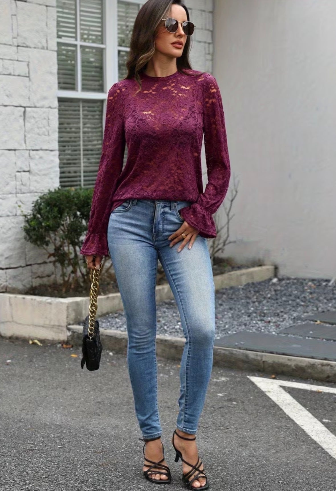 Long Sleeve Lace Top with Floral Mock Neck