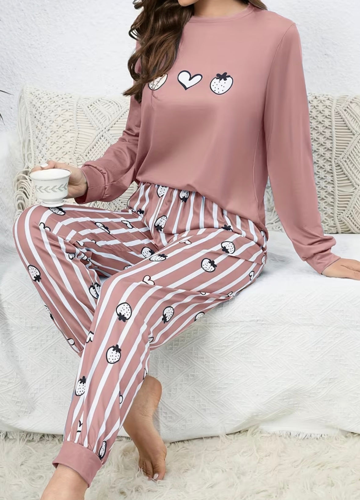2-piece Long Sleeve Loungewear Set - Cartoon Fruit