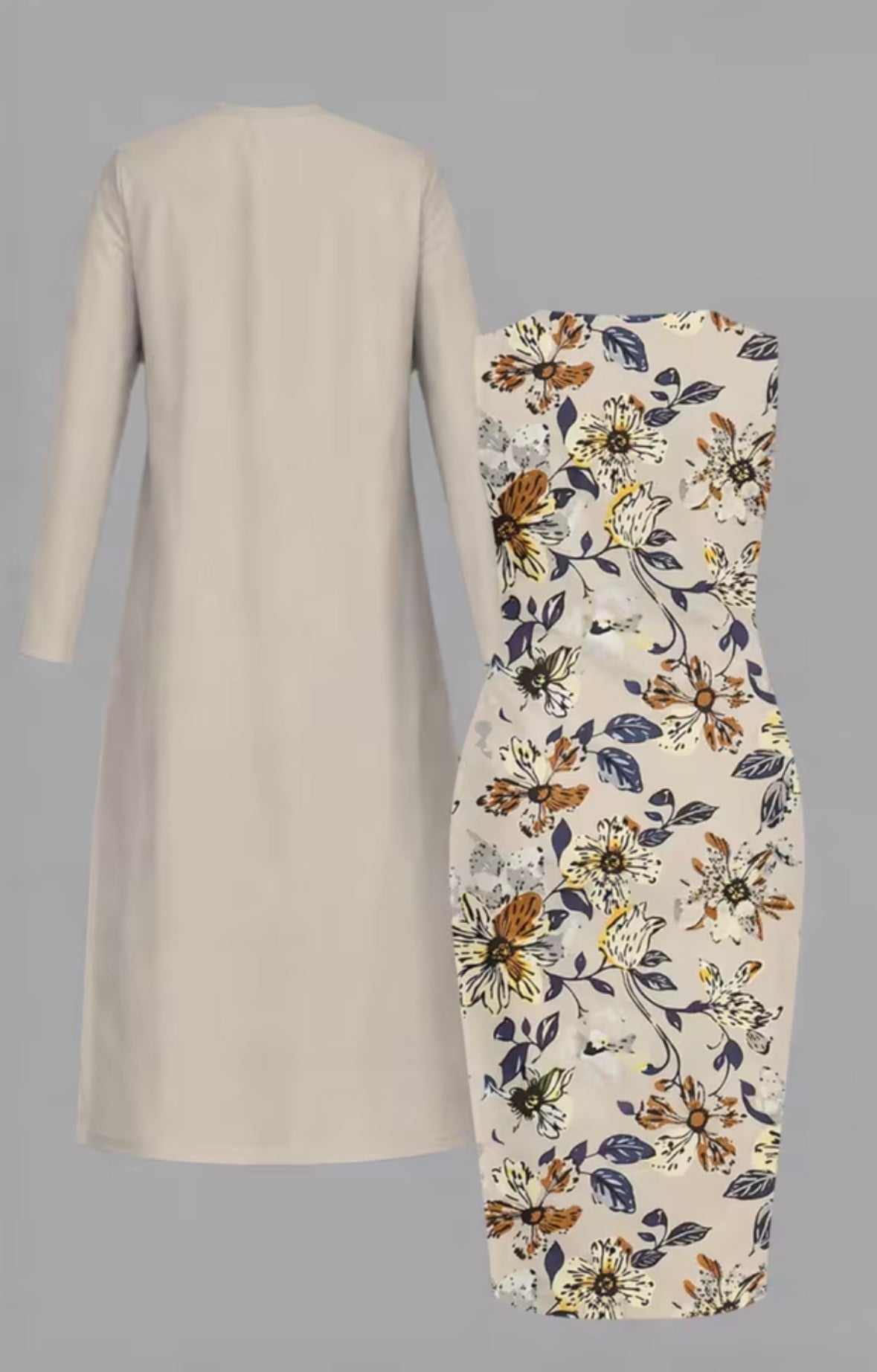 Plus Size 2-piece Long Cardigan Coat with Simple Printed Waist-cinching Dress Set