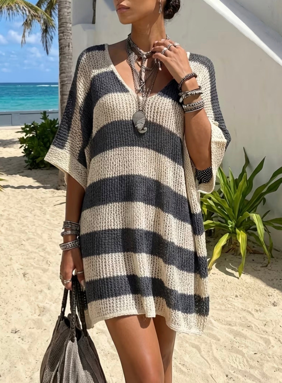 Short-sleeved Striped Loose V-neck Mini Dress