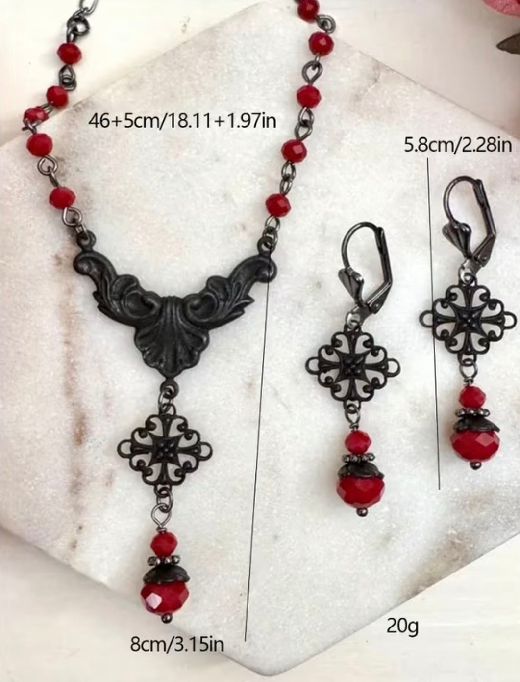 Gothic Black Four-Leaf Clover with Red Bead Earrings and Necklace Set