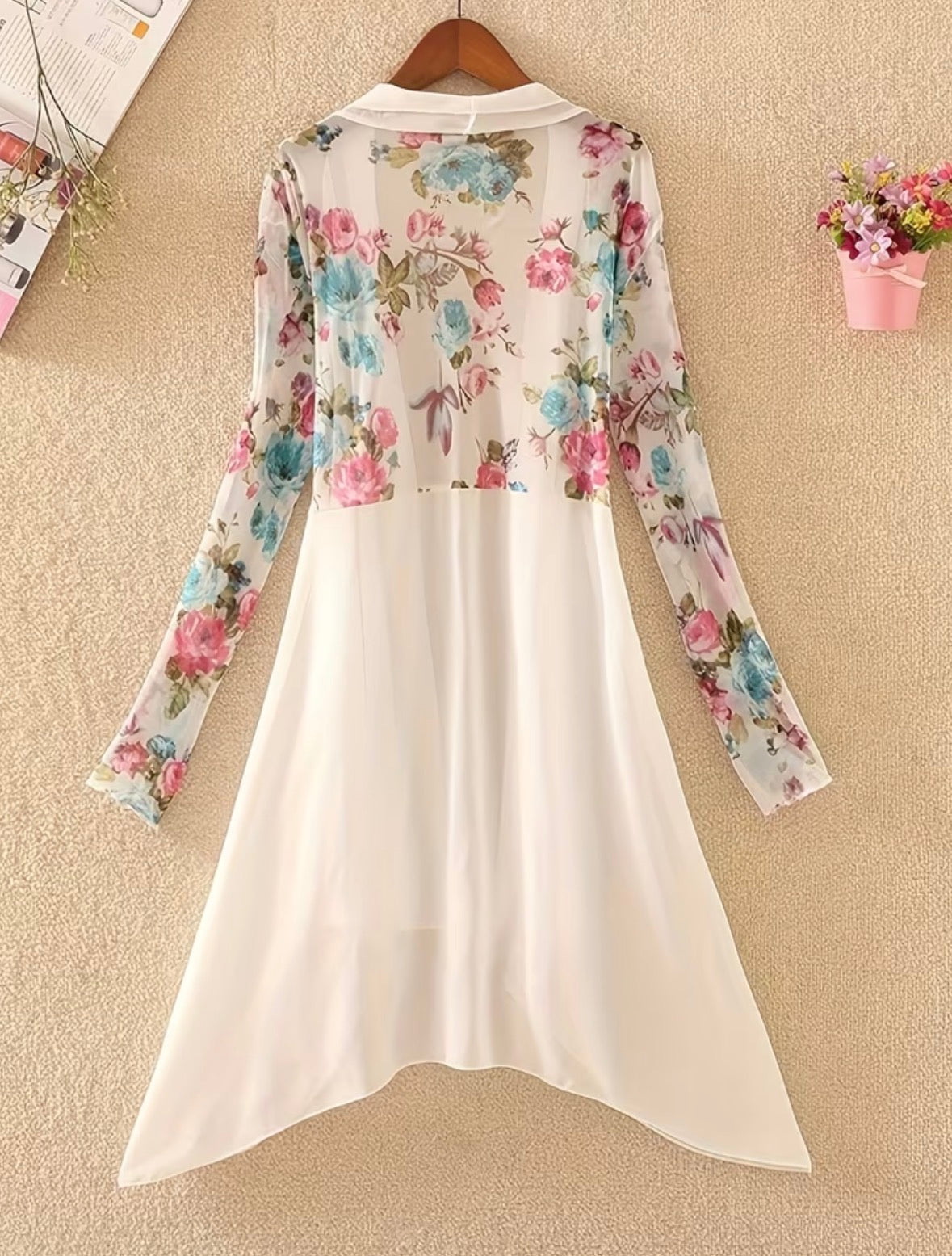 Long Sleeve Mid-length Mesh-paneled Chiffon Beach Cover-Up