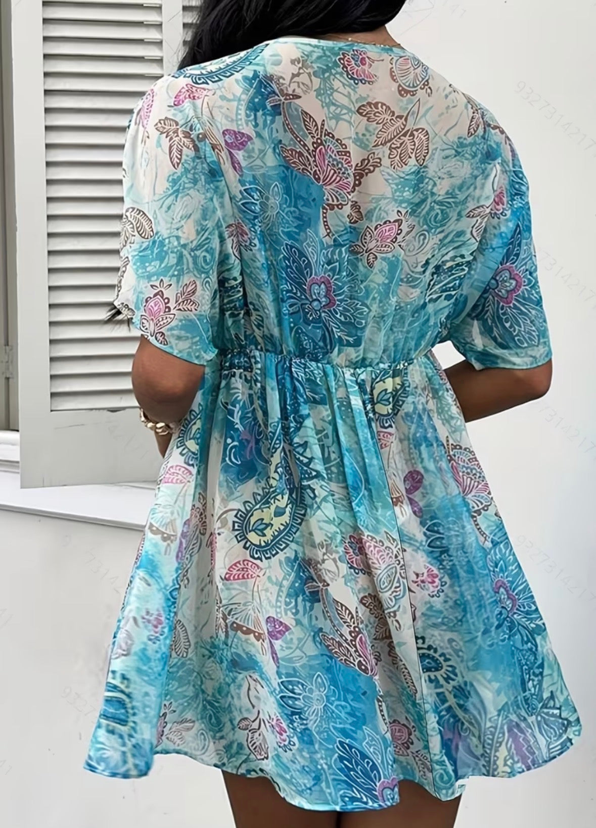 Paisley Floral Print Bow Tie Sleeve Short Dress