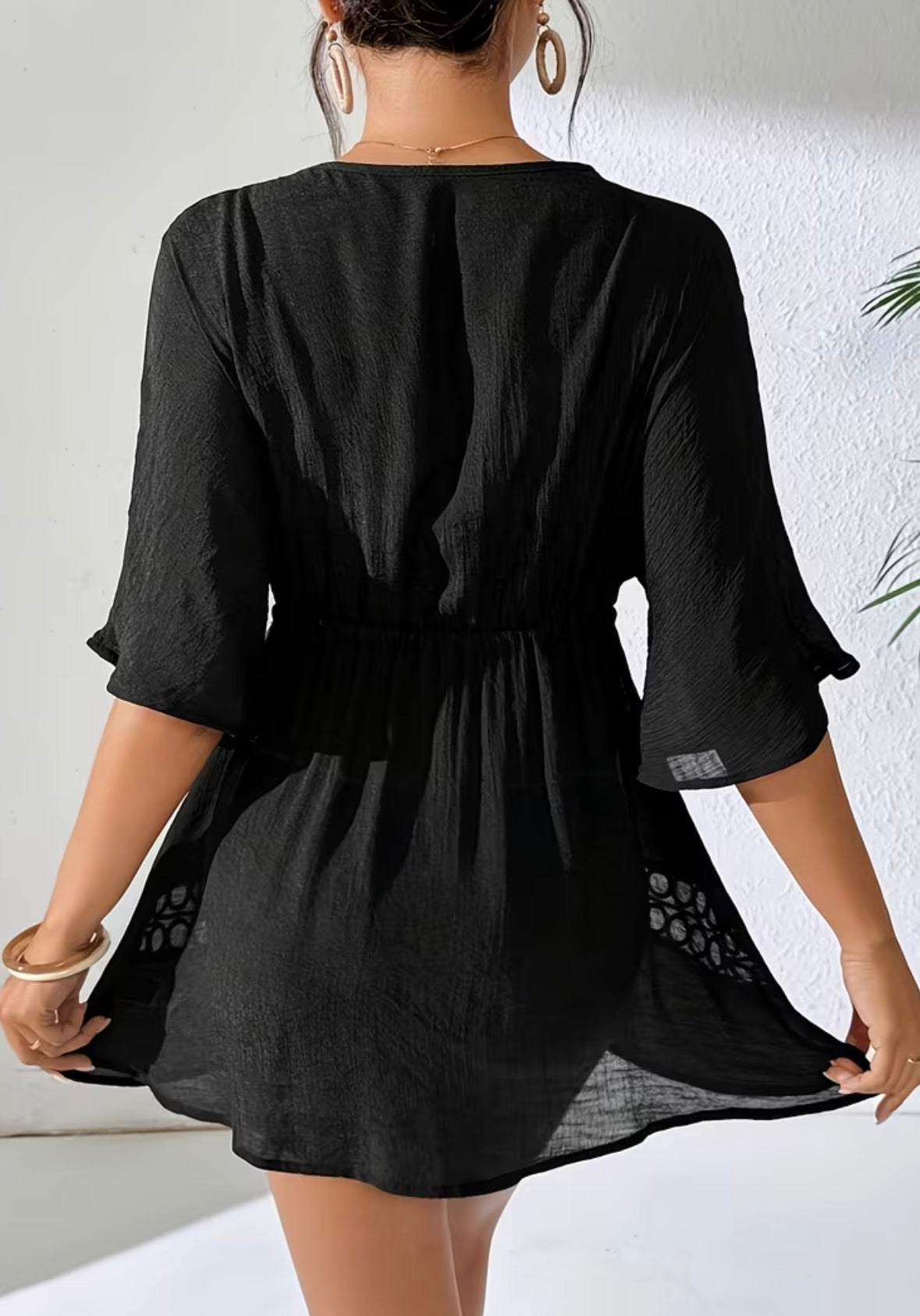 Short V-Neck Beach Cover Up - Crochet Lace Trim Swimsuit Coverup Adjustable Drawstring Waist