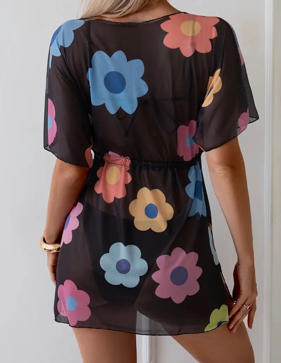 Short Color Block Floral Cover Up with a Drawstring