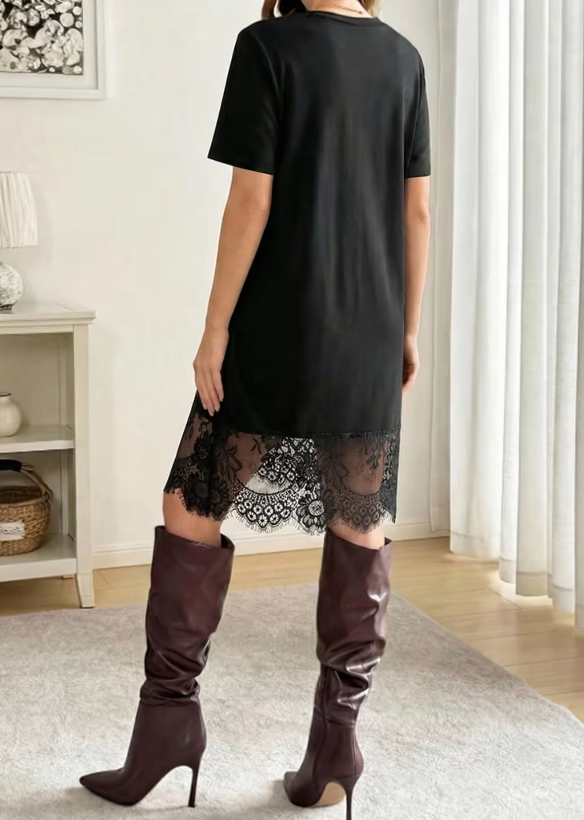Short Sleeve T-shirt Dress with Lace Trim