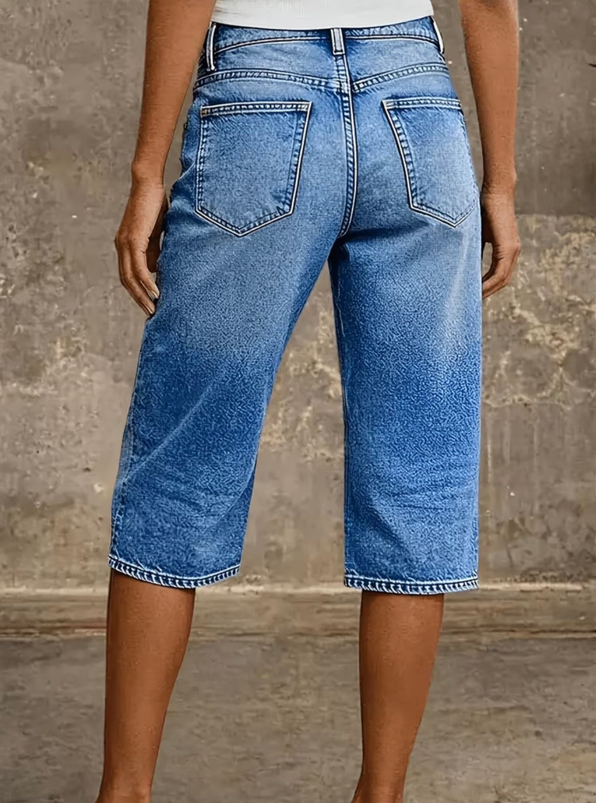 Mid-Waist Flower Embroidered Long Denim Shorts
