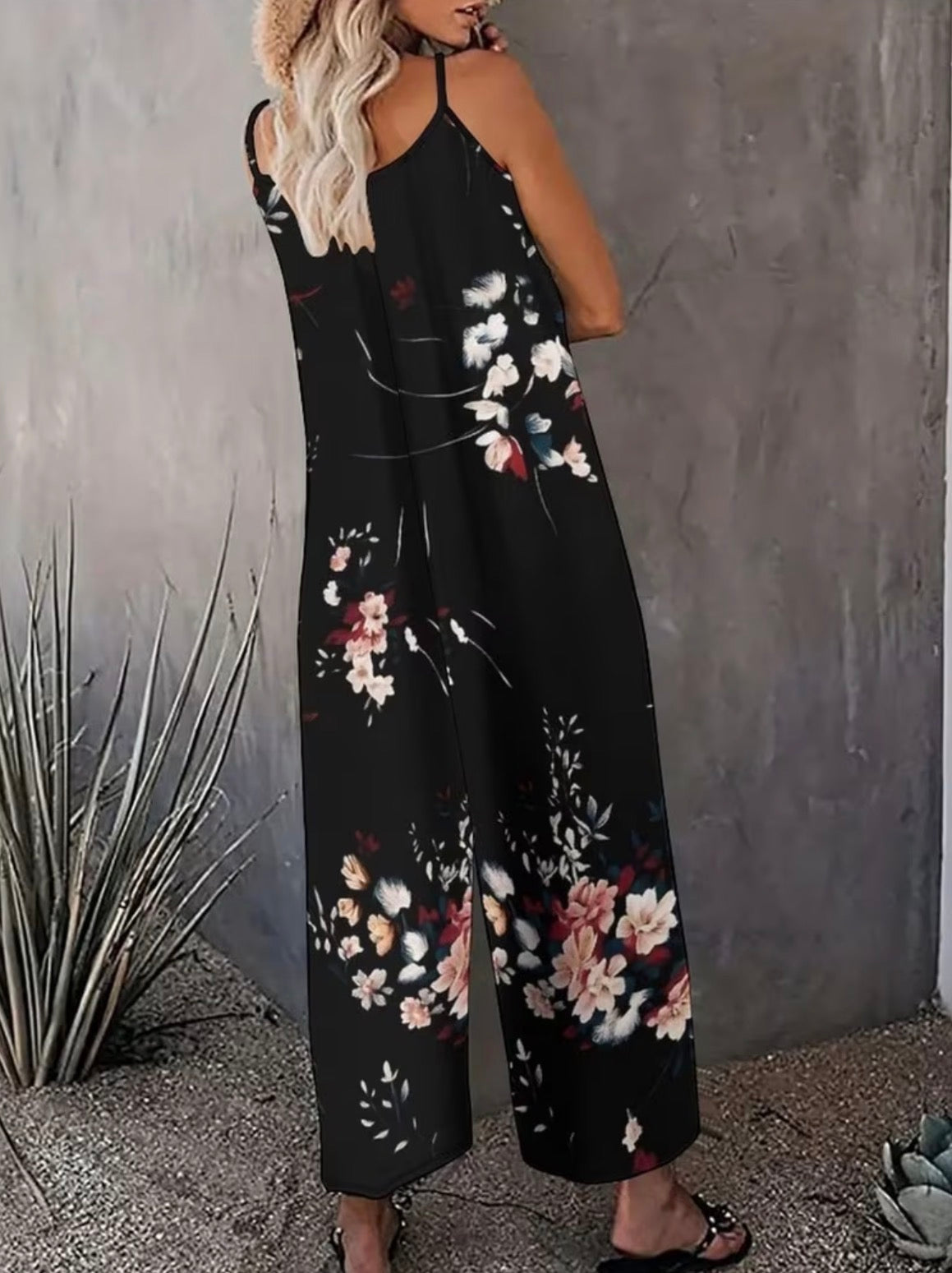 Plus Size Floral Plant And Grass Patterns Print Sleeveless Jumpsuit