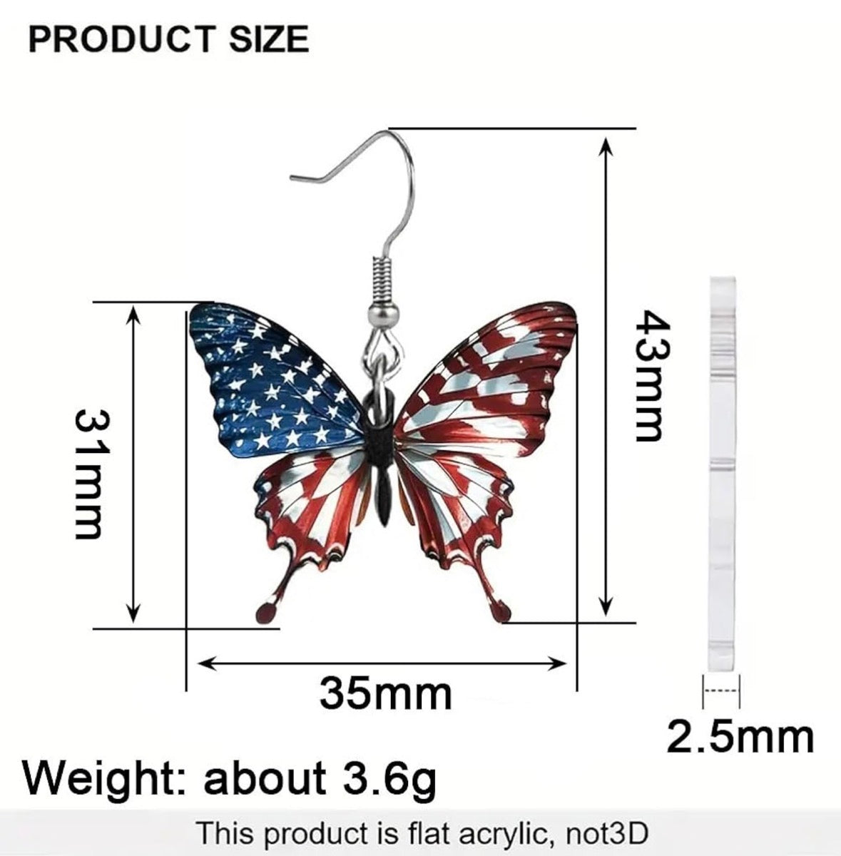 Red, White and Blue American Flag Butterfly Earrings
