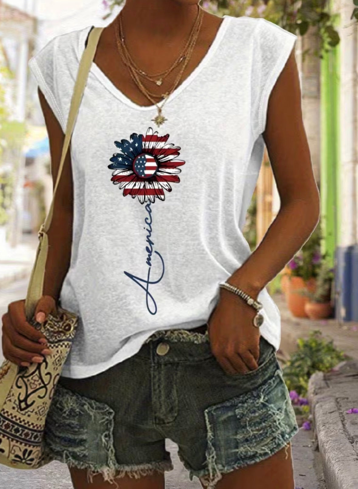 Short Sleeve V-neck Graphic T-shirt - American Flag Flower