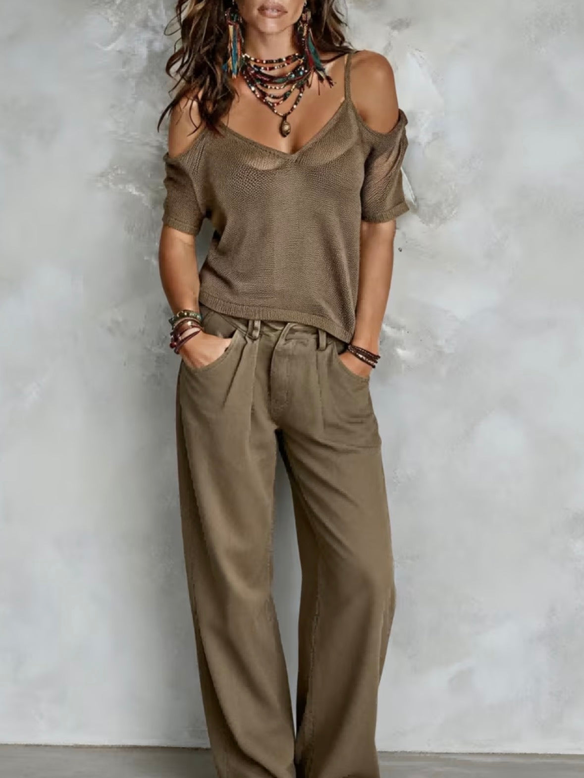 Plus Size Bohemian Off-Shoulder Loose Mesh Short Sleeve Top