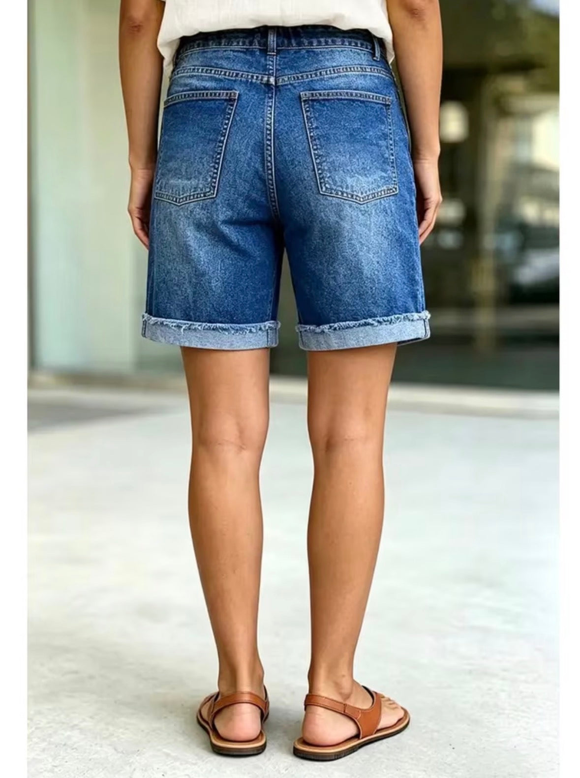 Dark Wash Mid-Rise Denim Shorts with Drawstring Waist and Raw Hem