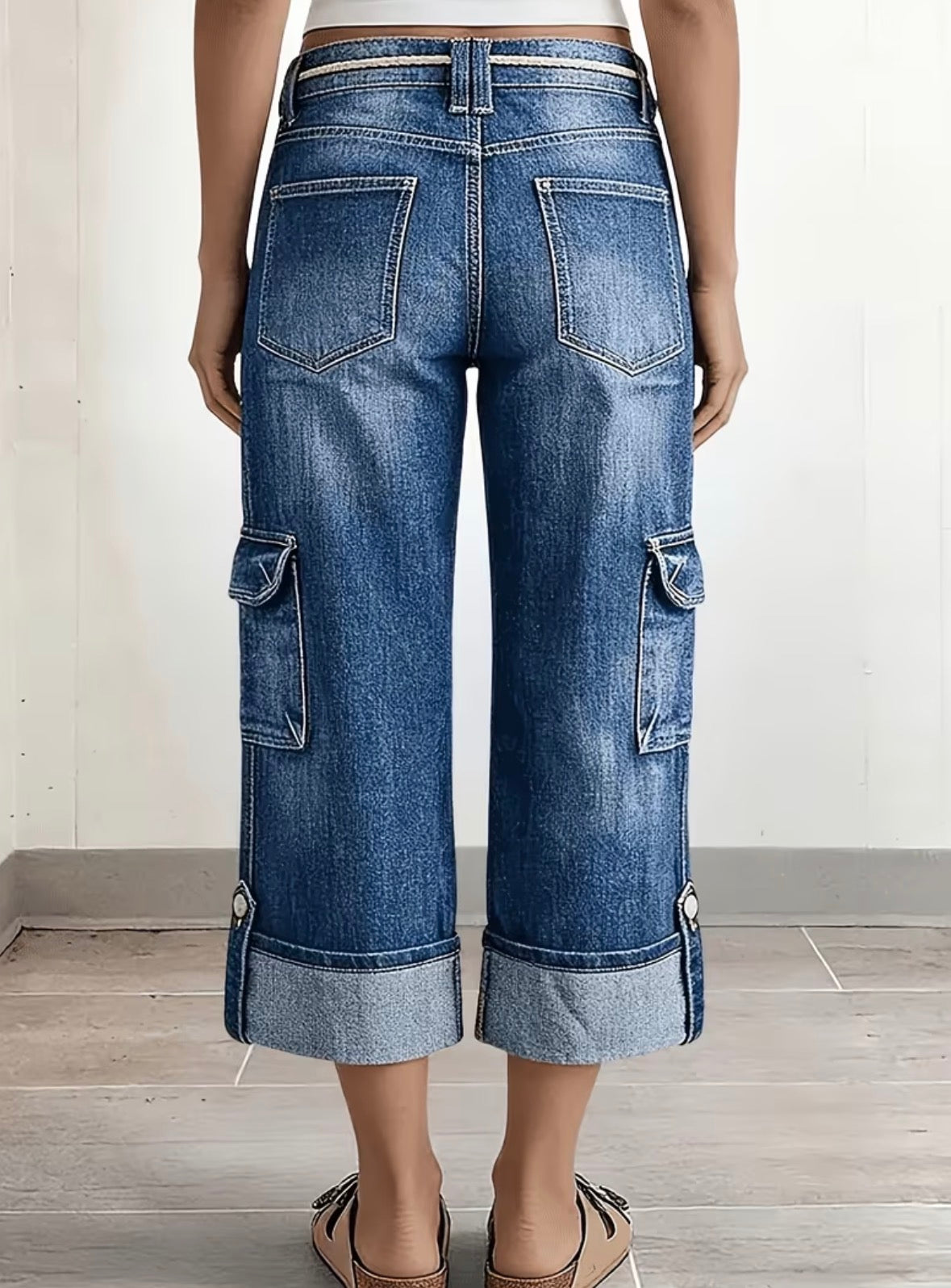 Loose Wide Leg Rolled Edge Pocket Cropped Jeans