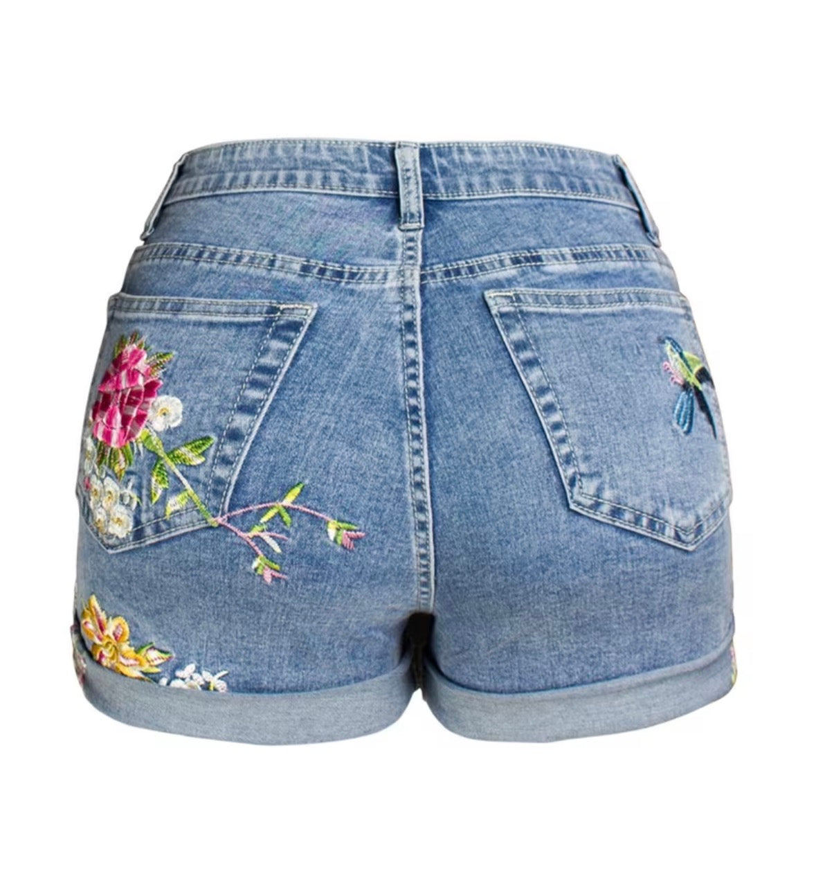 Plus-Size High-Waisted Wide-Leg Stretchy Denim Shorts with 3D Heavy Embroidery of Flowers