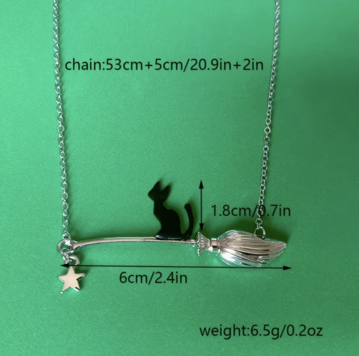Black Cat Riding Broom Necklace