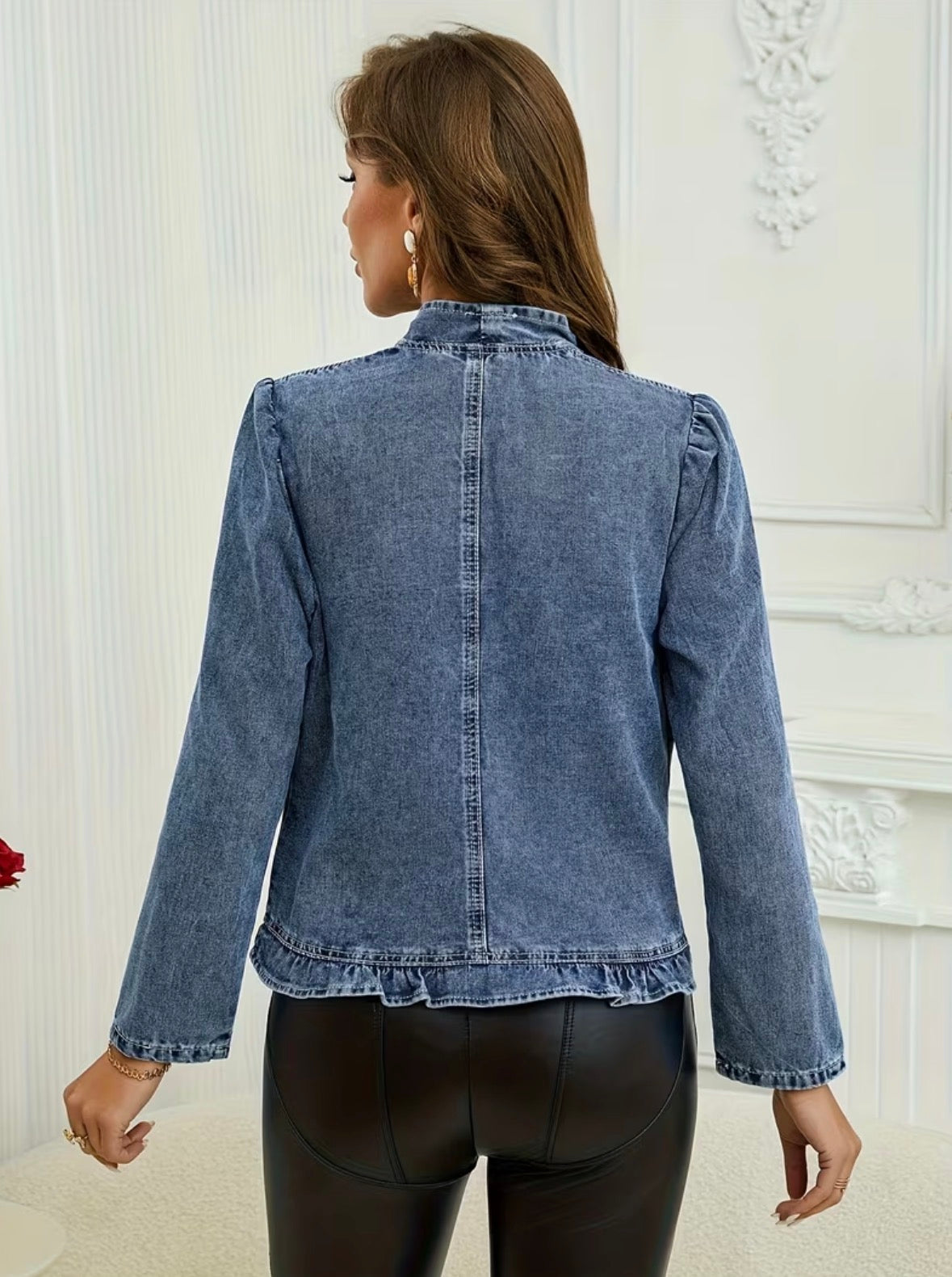 Lightly Distressed Short Blue Denim Jacket with A Ruffled Placket