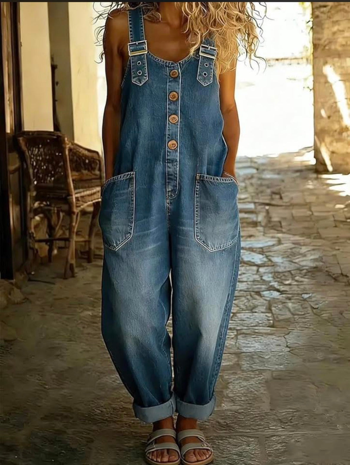 Wide Leg Overalls with Front Button Closure and Round Neck
