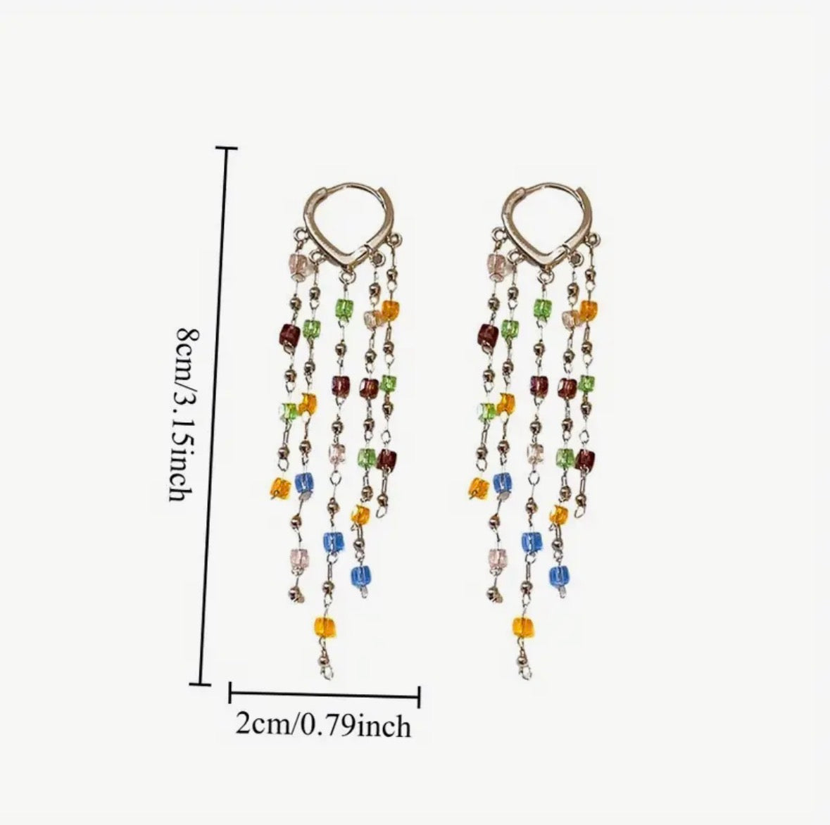 Japanese Style Square Artificial Glass Long Tassel Style Hoop Earrings