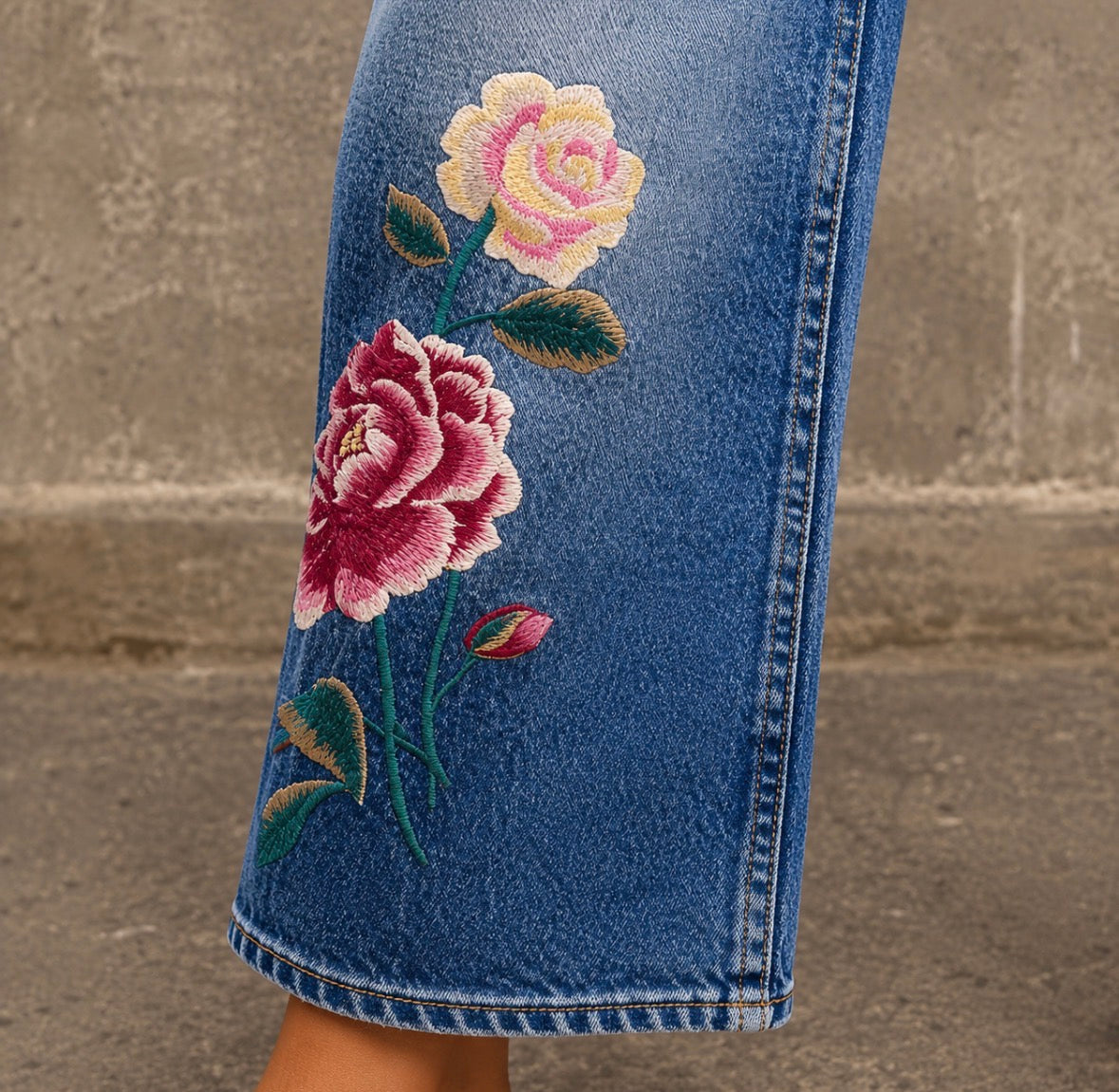 Vintage Washed Jeans With Floral Embroidery Design