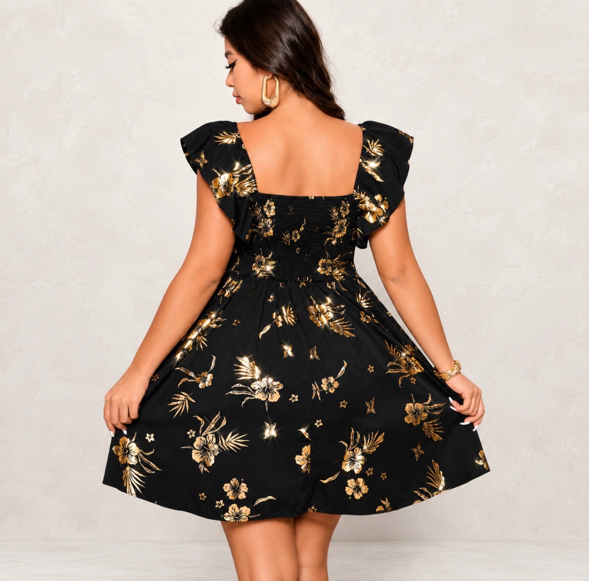 Plus Size Vintage Metallic Print Dress
