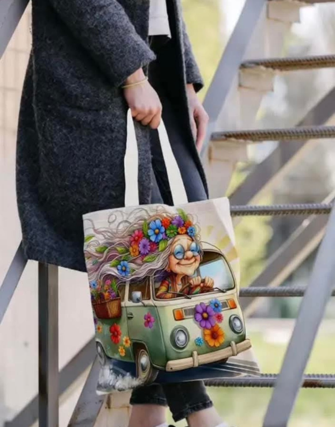 Tote Bag - Flower Child Woman and Bus