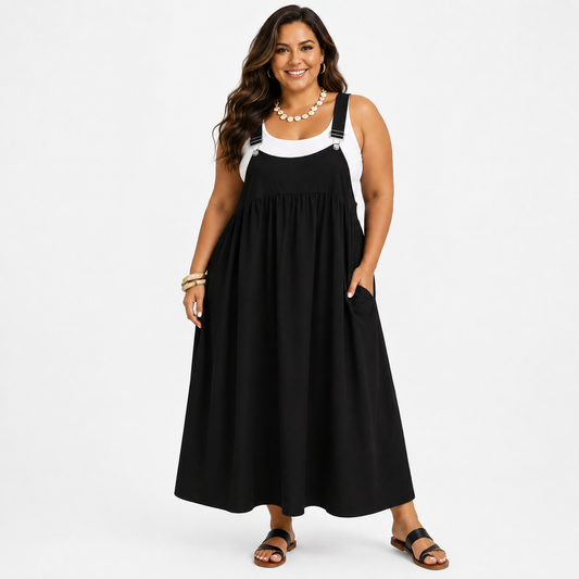 Plus Size Sleeveless Loose A-Line Babydoll Dress with Adjustable Buckle Strap Midi Dress with Pockets